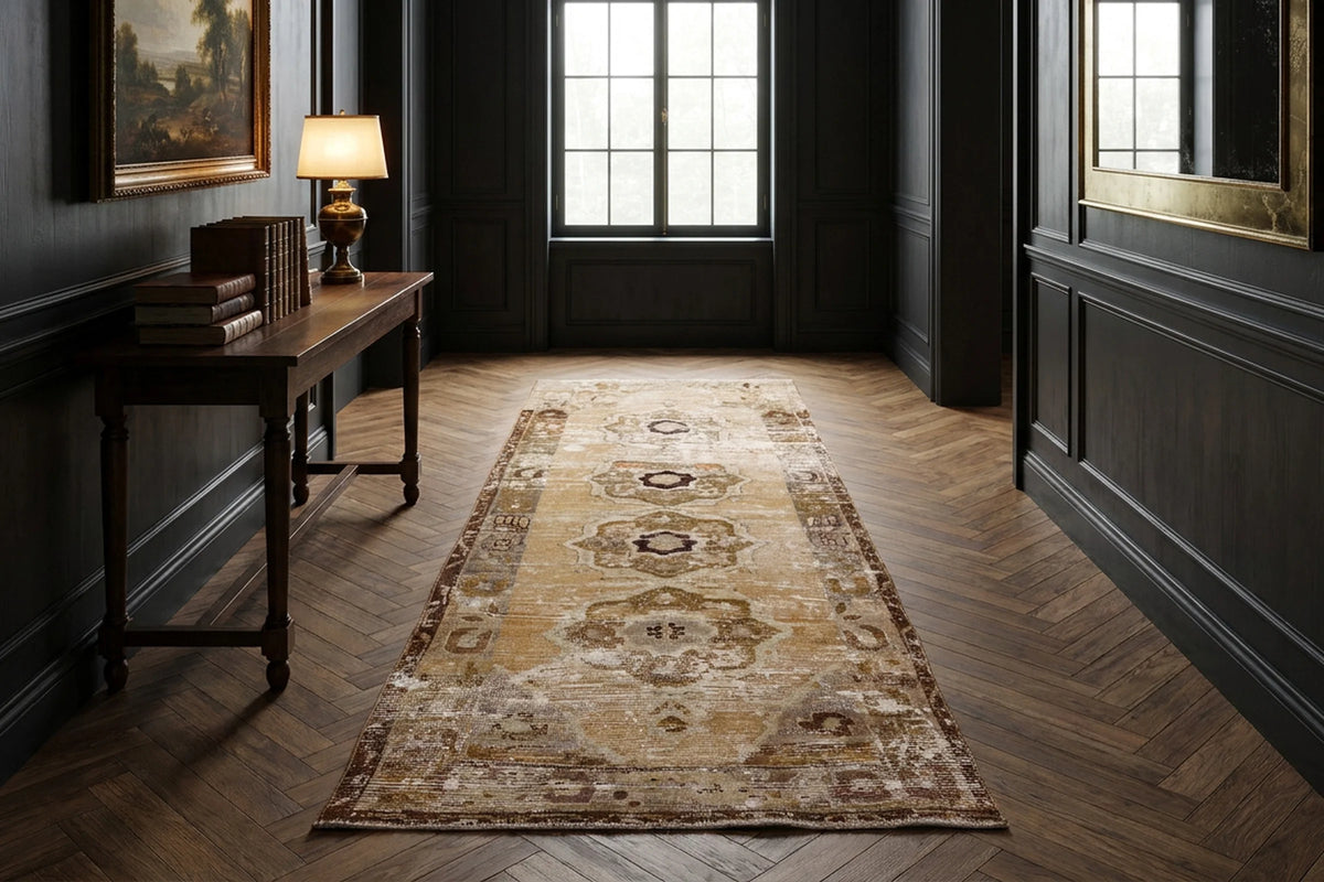 Beige Turkish runner rug in a styled room