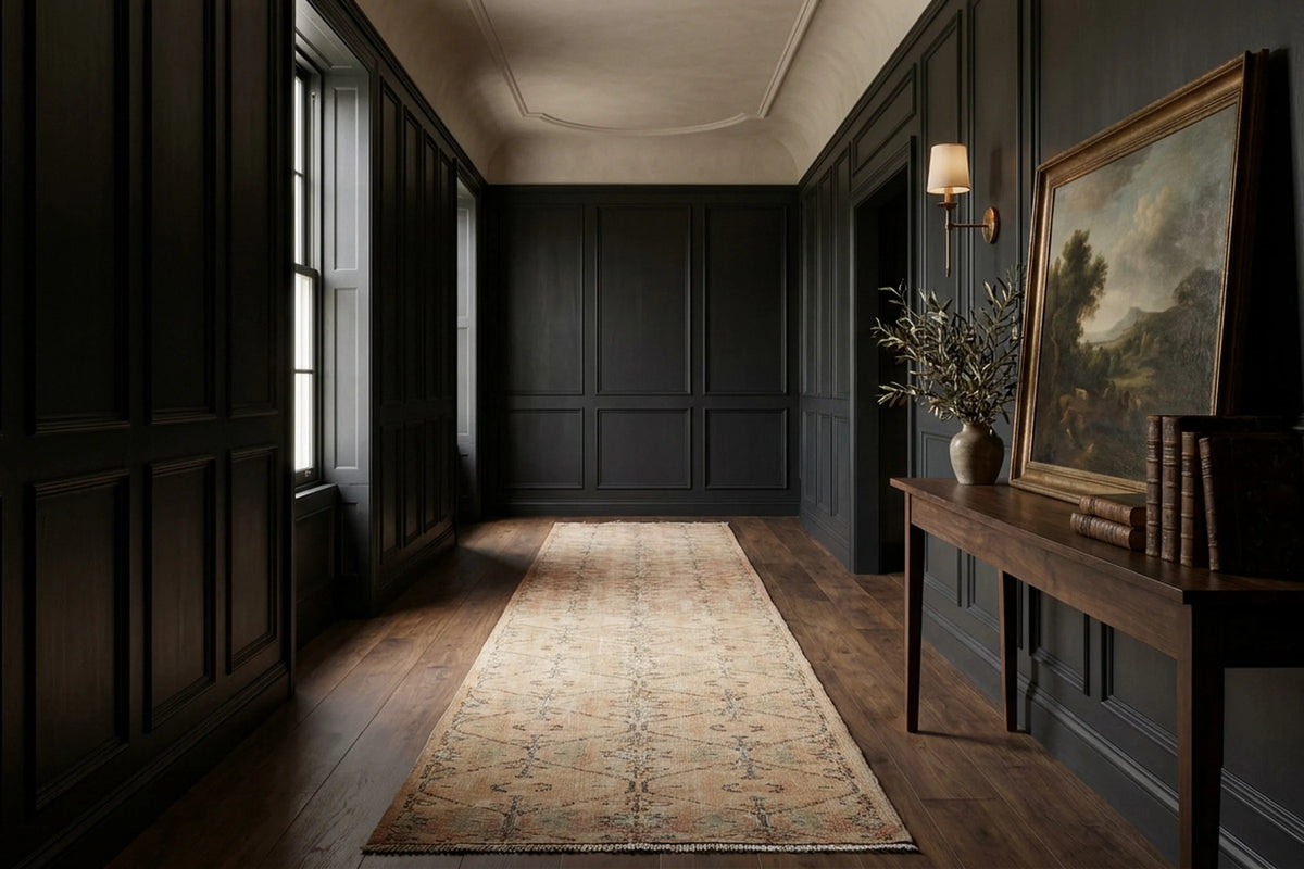Beige Turkish runner rug in a hallway