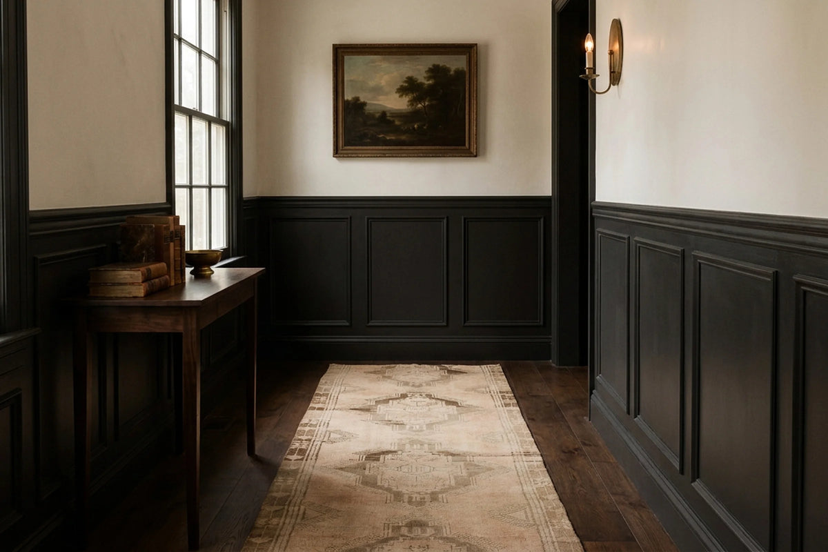 Beige Turkish runner rug in a styled room