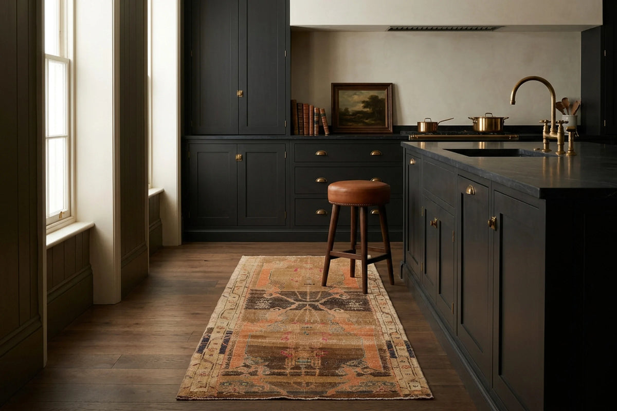 Brown Turkish runner rug in a kitchen