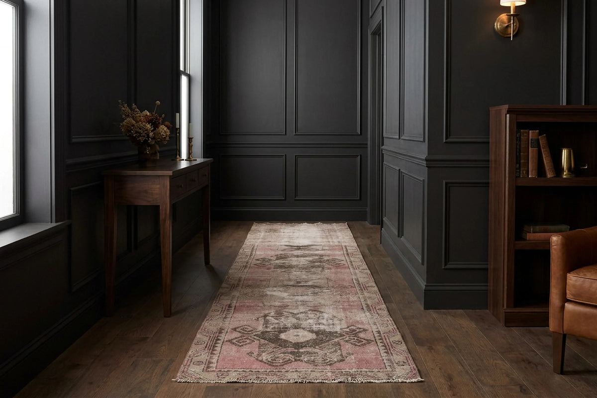 Gray Turkish runner rug in a styled room