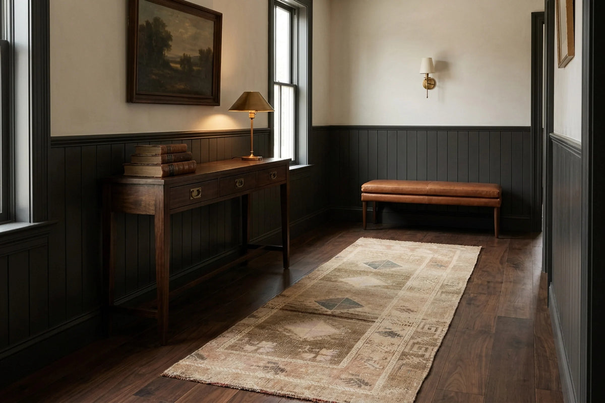 Beige Turkish runner rug in a styled room
