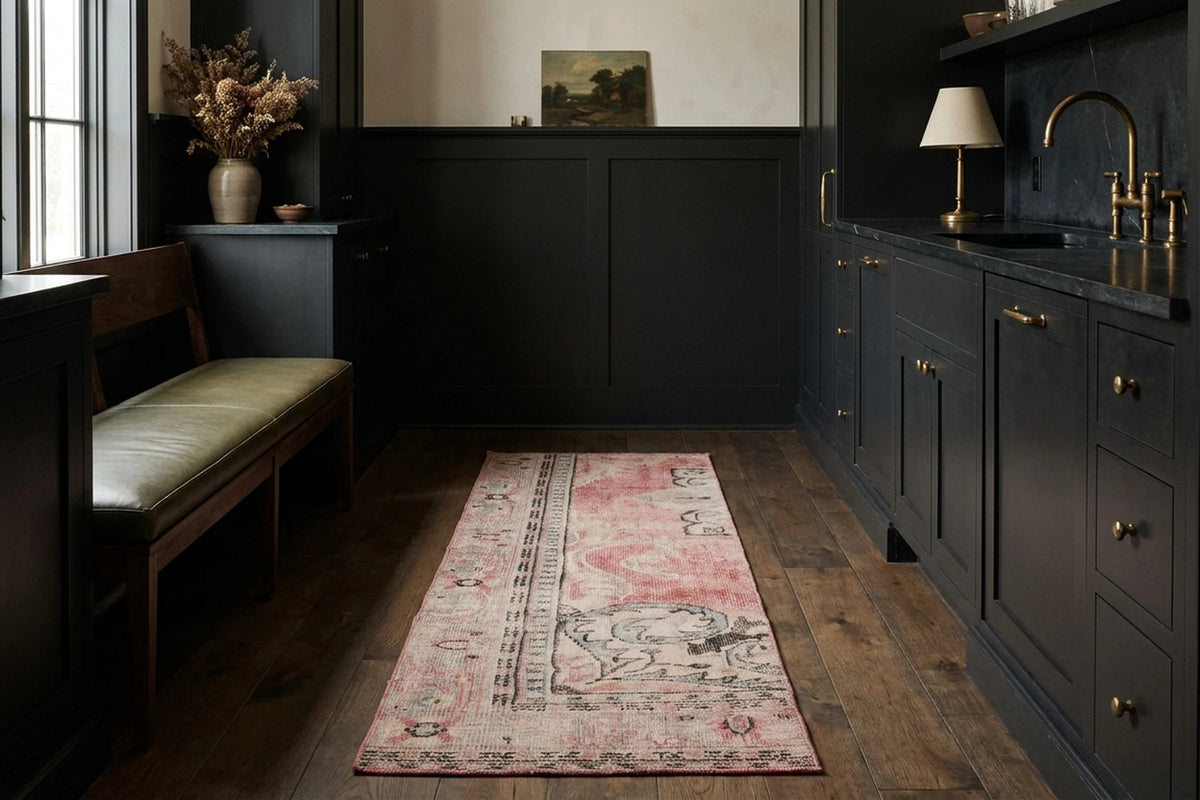 Pink Turkish runner rug in a styled room