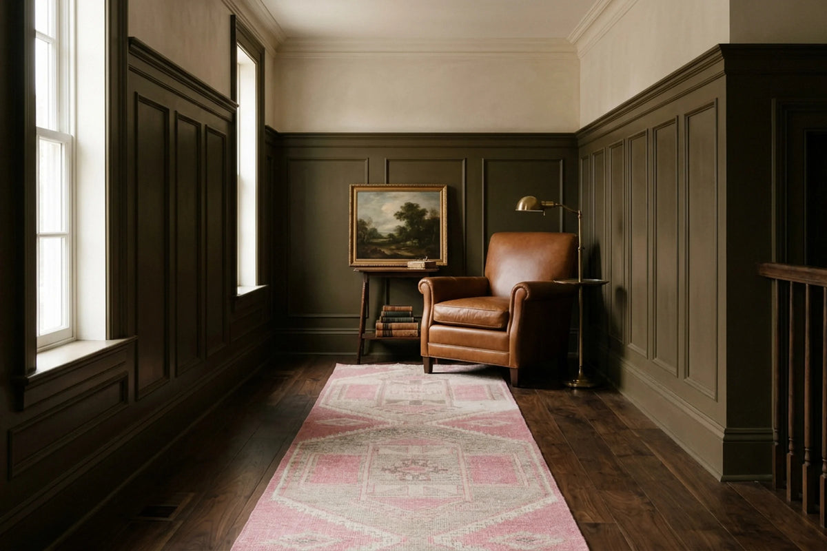Pink Turkish runner rug in a landing