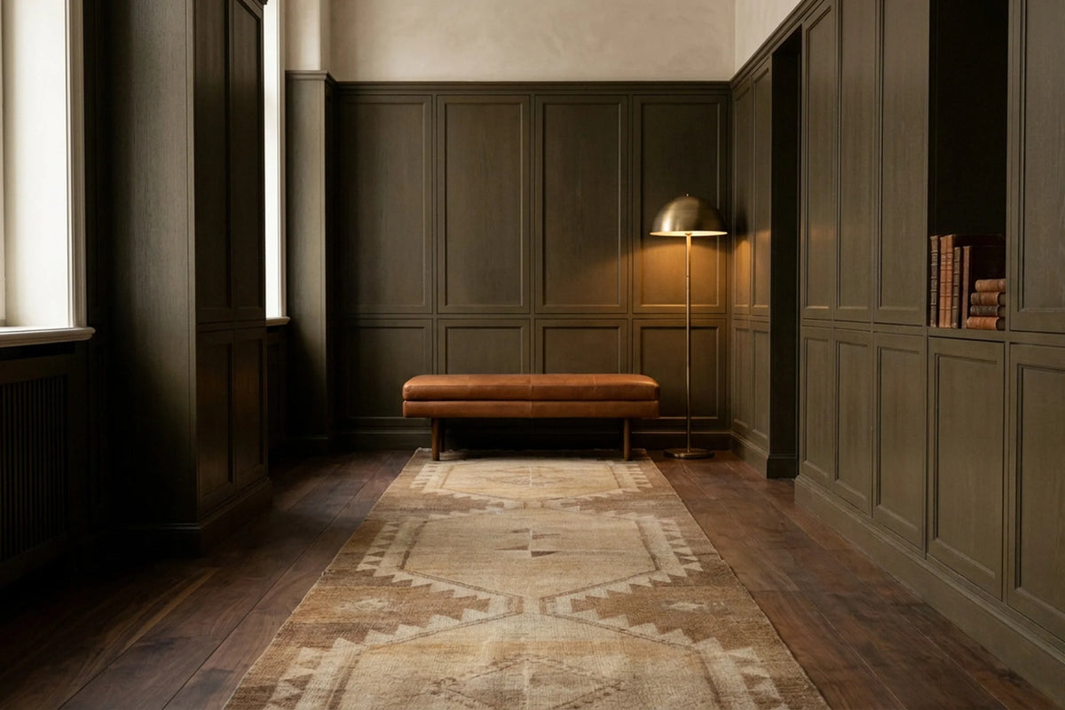 Brown Turkish runner rug in a styled room