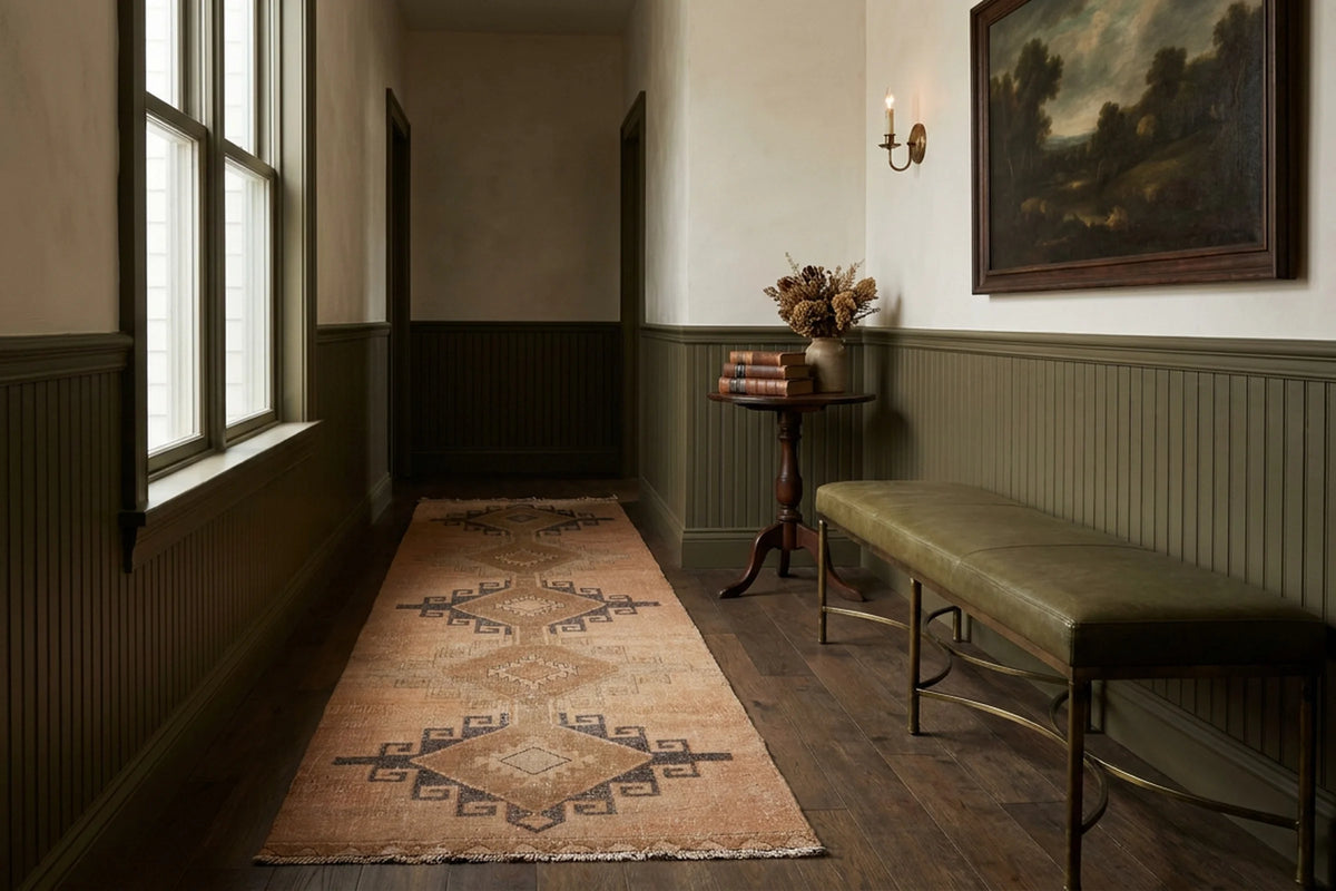 Beige Turkish runner rug in a den