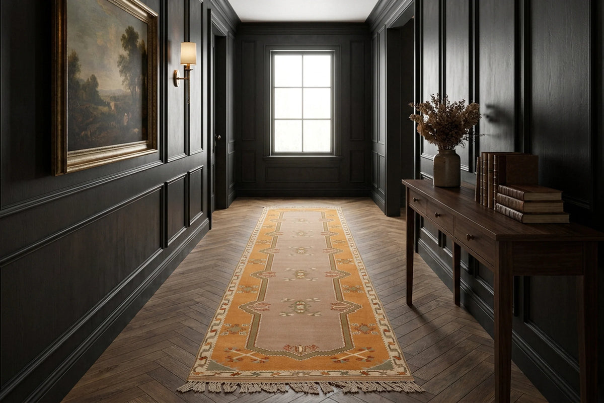 Orange Turkish runner rug in a styled room