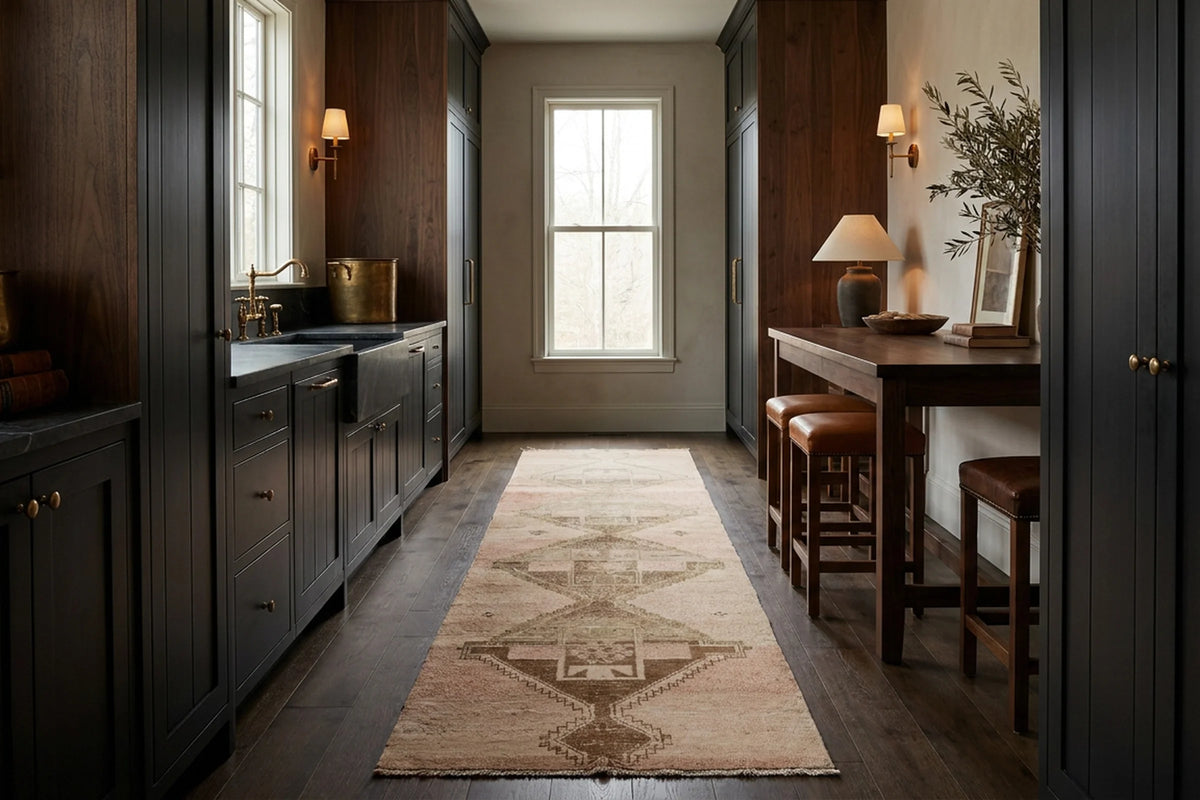 Beige Turkish runner rug in a styled room