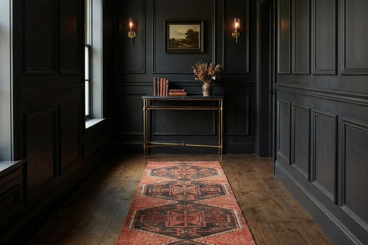 Red Turkish runner rug in a styled room