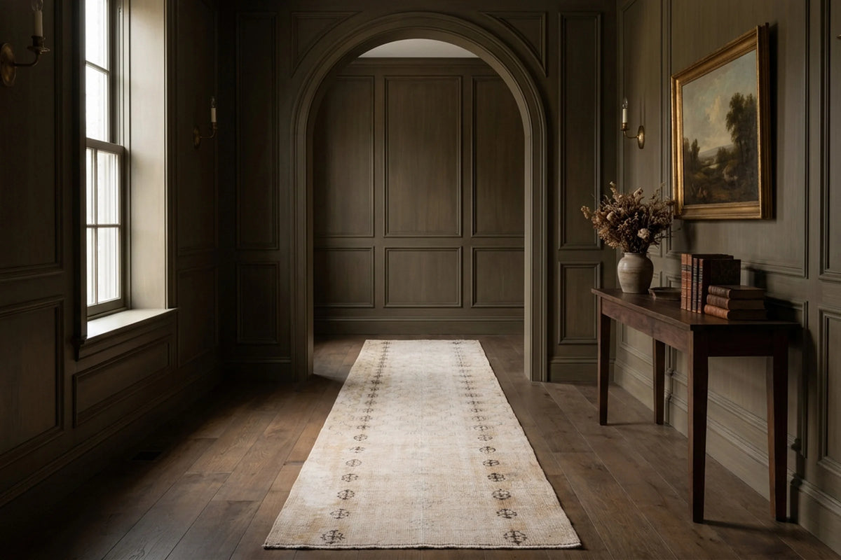 Beige Turkish runner rug in a styled room