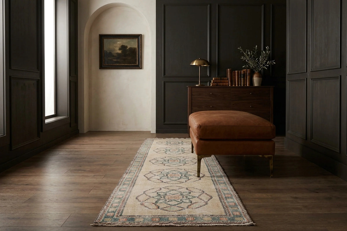 Beige Turkish runner rug in a styled room