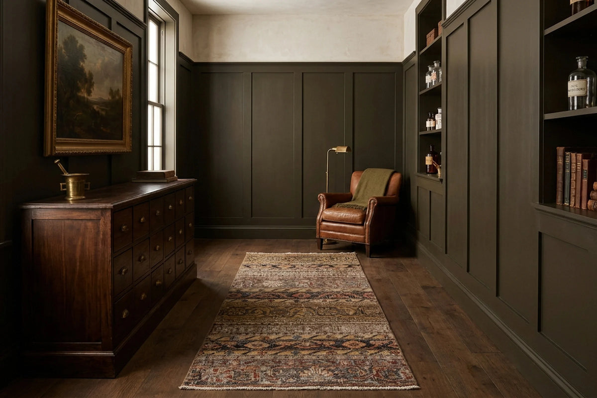 Brown Turkish runner rug in a styled room