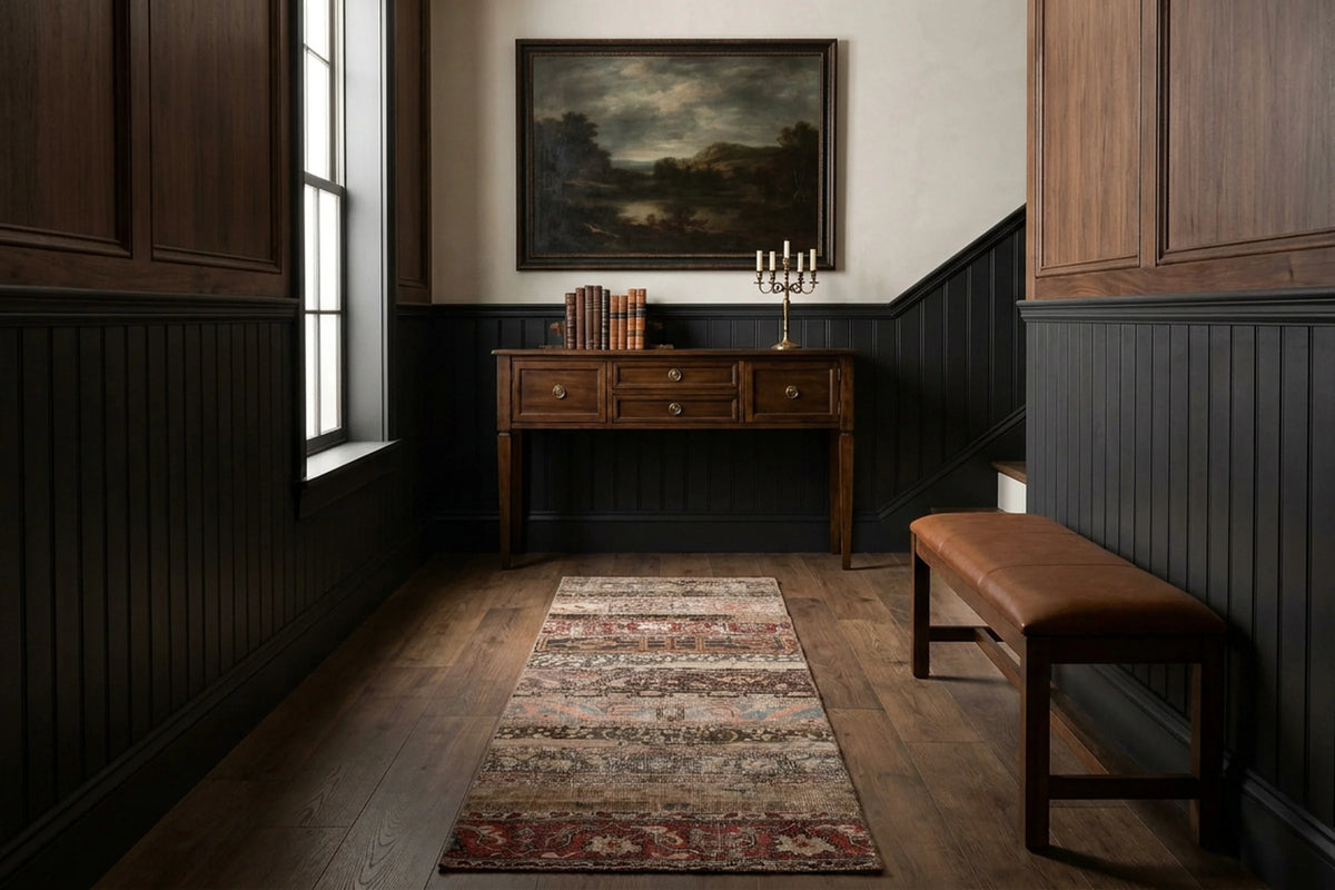 Brown Turkish runner rug in a landing