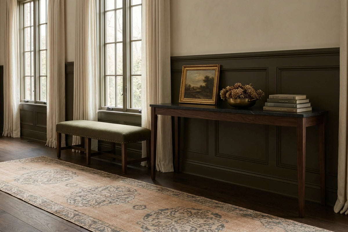 Beige Turkish runner rug in a den