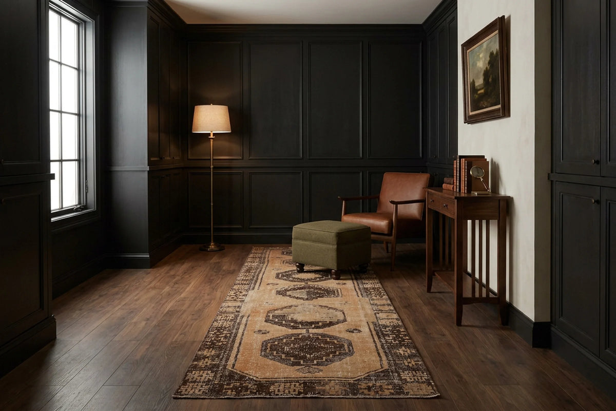 Beige Turkish runner rug in a styled room