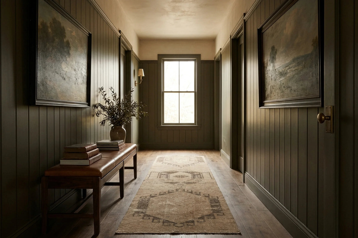 Beige Turkish runner rug in a styled room
