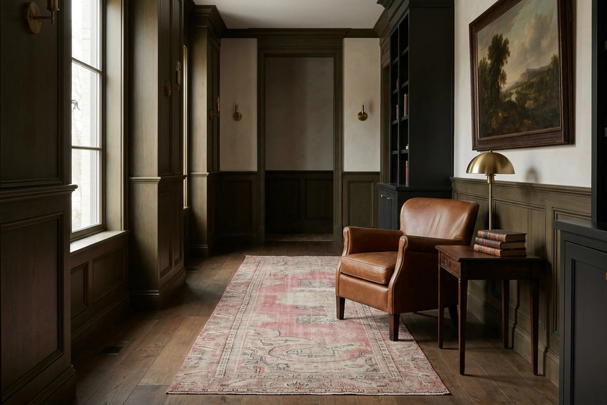 Pink Turkish runner rug in a corridor