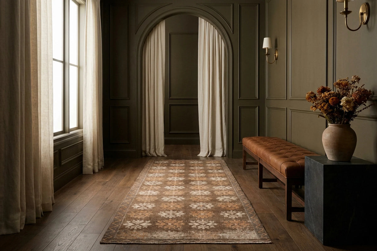Brown Turkish runner rug in a styled room