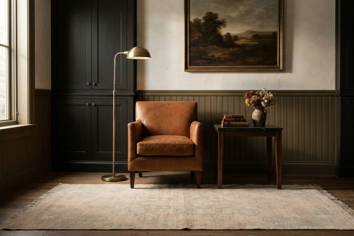 Beige Turkish runner rug in a conservatory