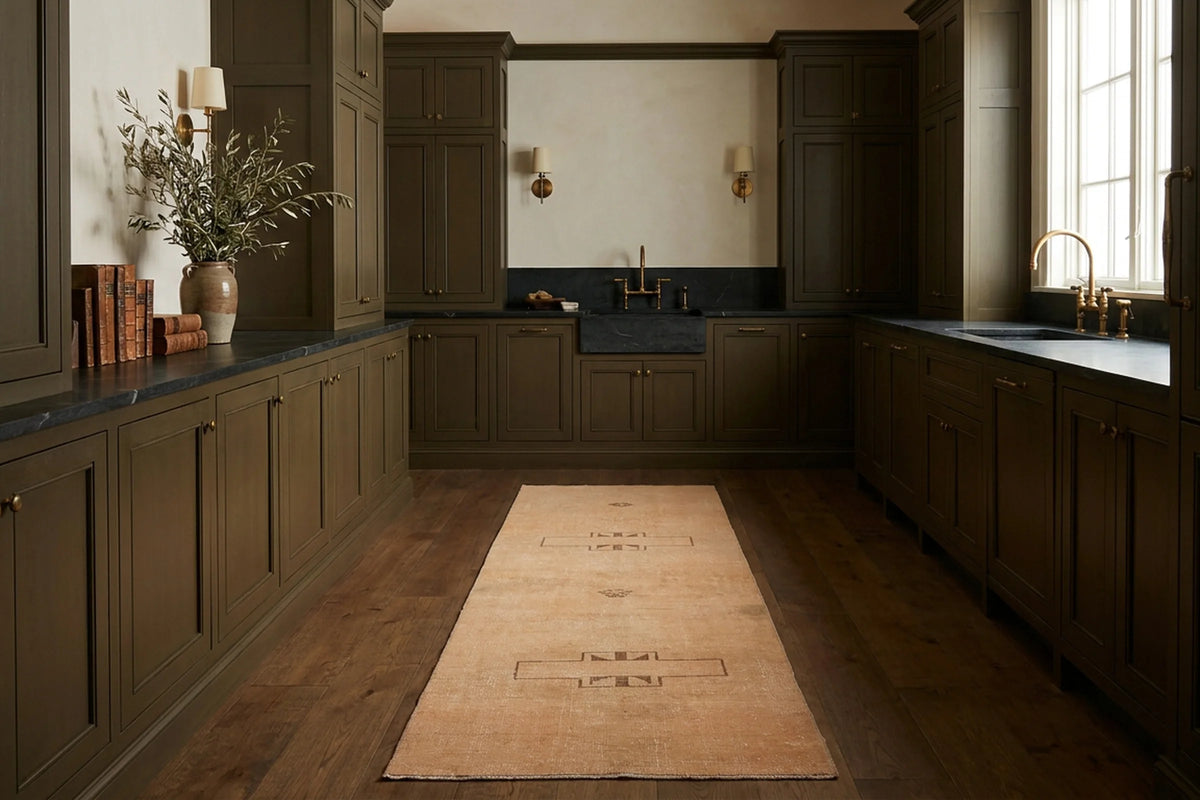 Beige Turkish runner rug in a styled room