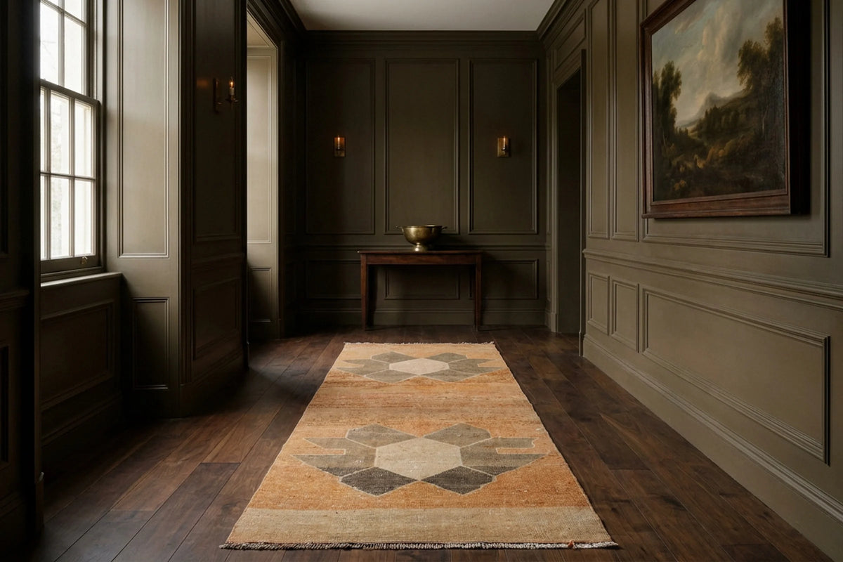 Orange Turkish runner rug in a corridor