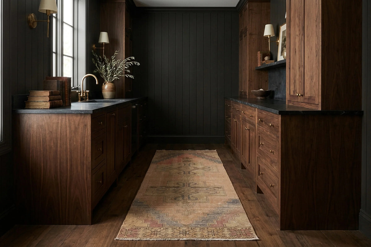 Beige Turkish runner rug in a styled room