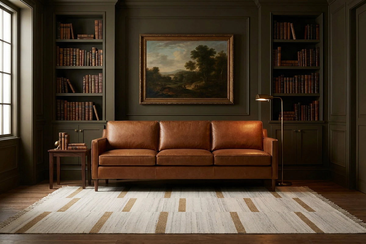 White Coffe Flatweave area rug in a library