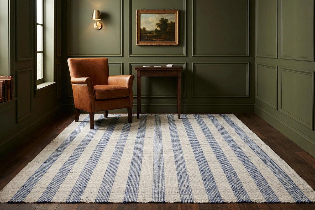 Blue Striped Flatweave area rug in a living room