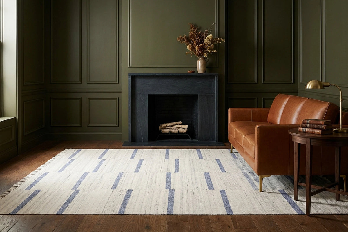 White Blue Flatweave area rug in a living room