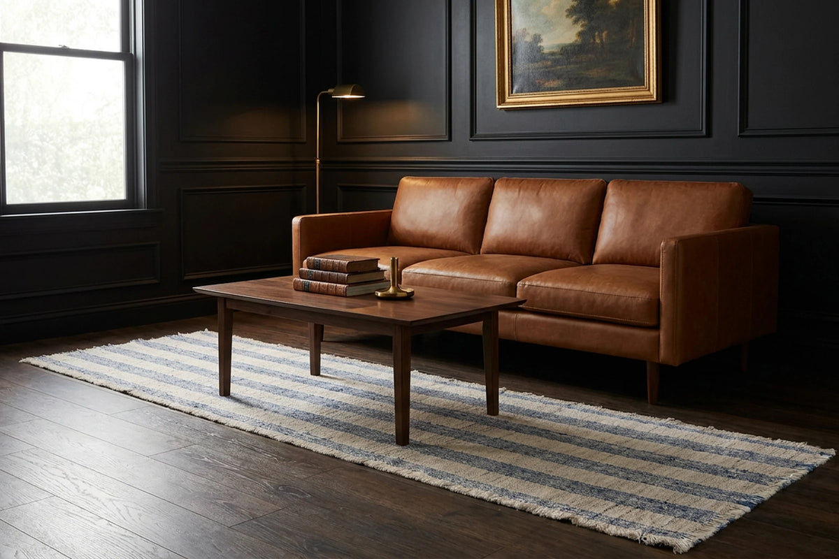 Blue Fringed Flatweave area rug in a living room