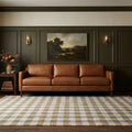 Blue Checkered Flatweave area rug in a living room