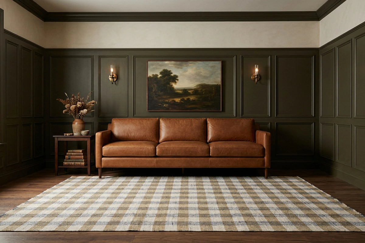 Blue Checkered Flatweave area rug in a living room