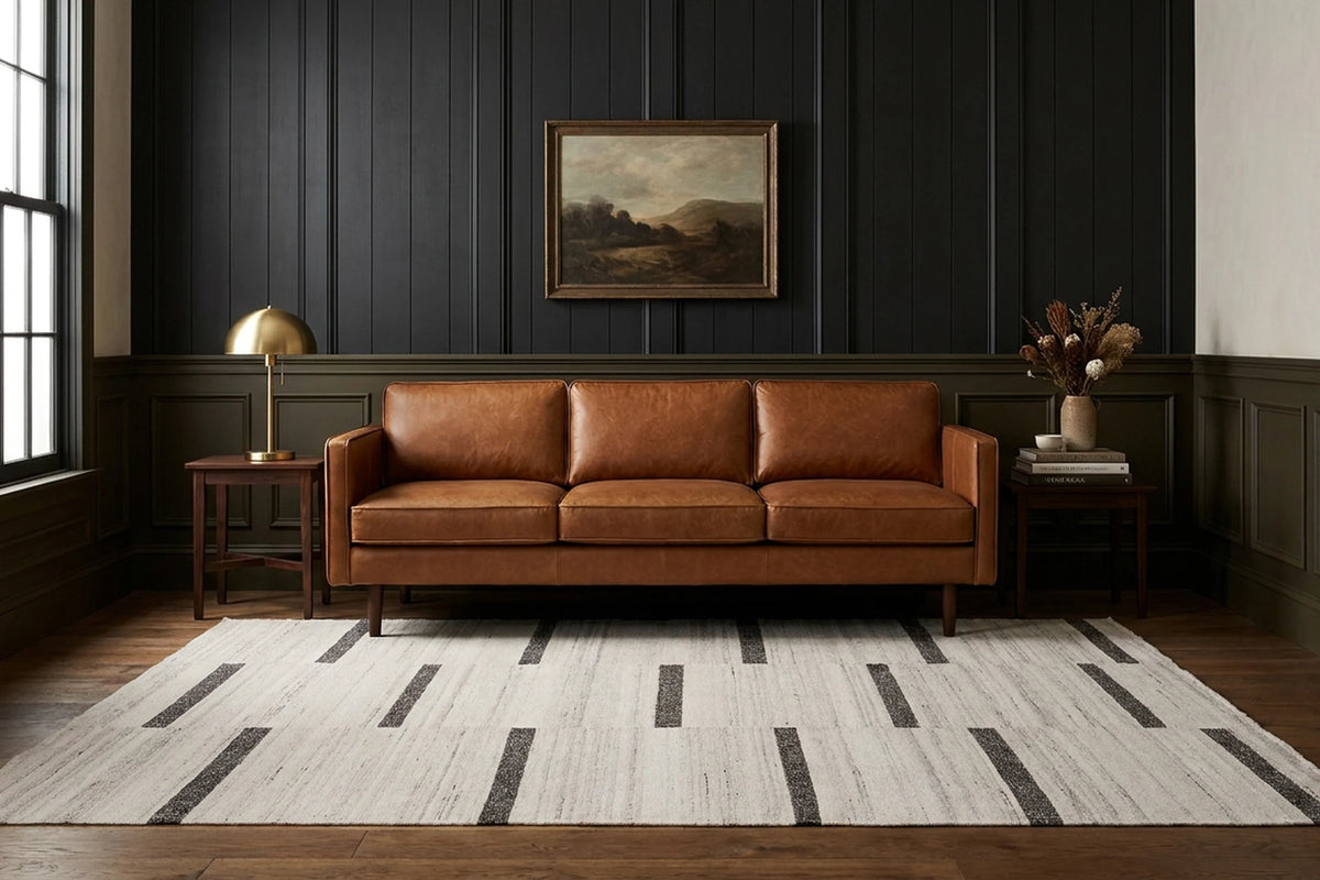 White Brown Flatweave area rug in a living room