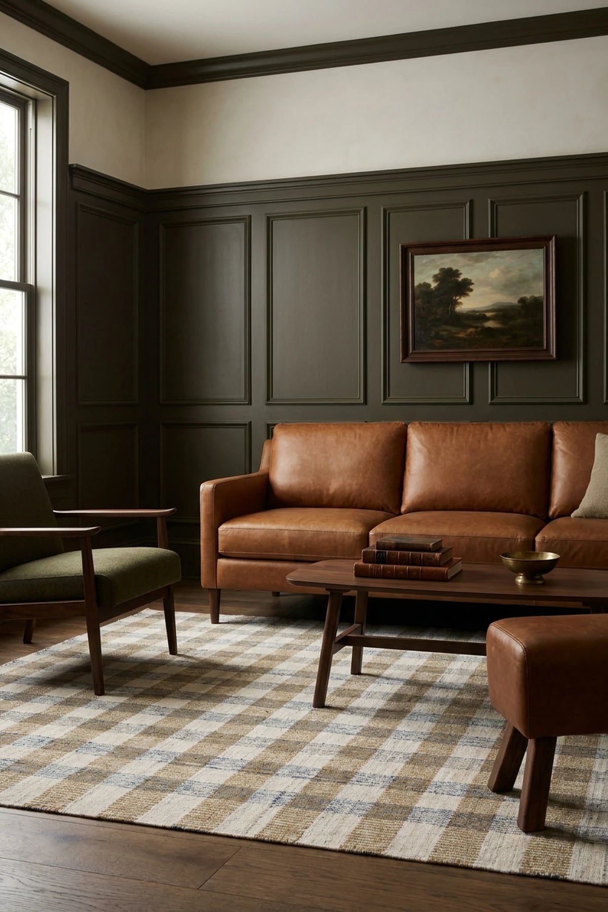 Blue Checkered Flatweave area rug in a living room