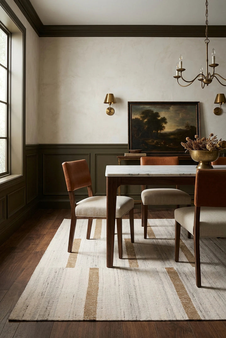 White Coffe Flatweave area rug in a dining room