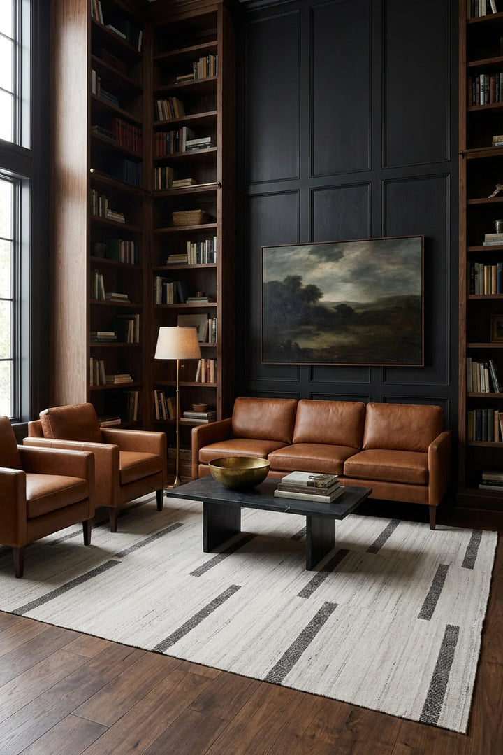 White Brown Flatweave area rug in a library