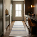 White Blue Flatweave runner rug in a kitchen