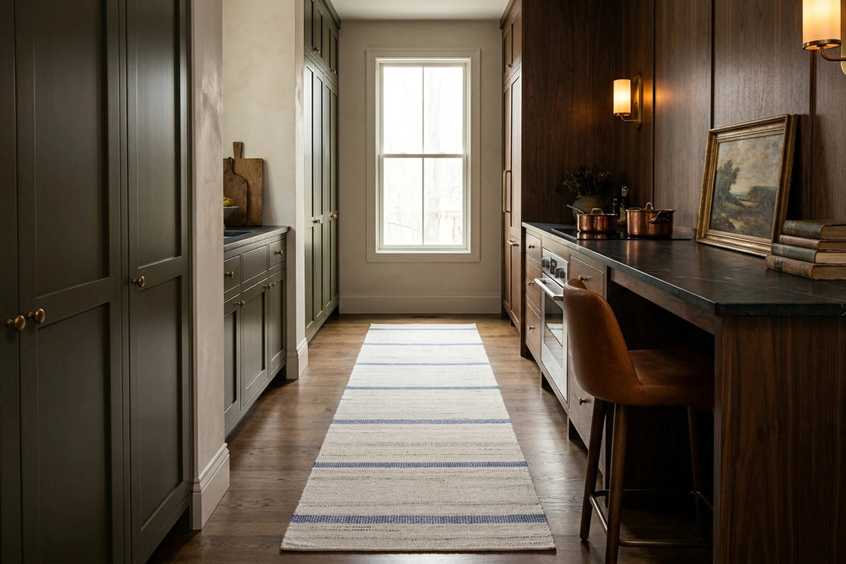 White Blue Flatweave runner rug in a kitchen