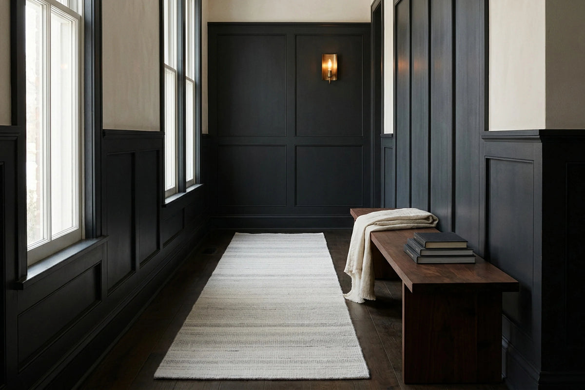 White Flatweave runner rug in a hallway
