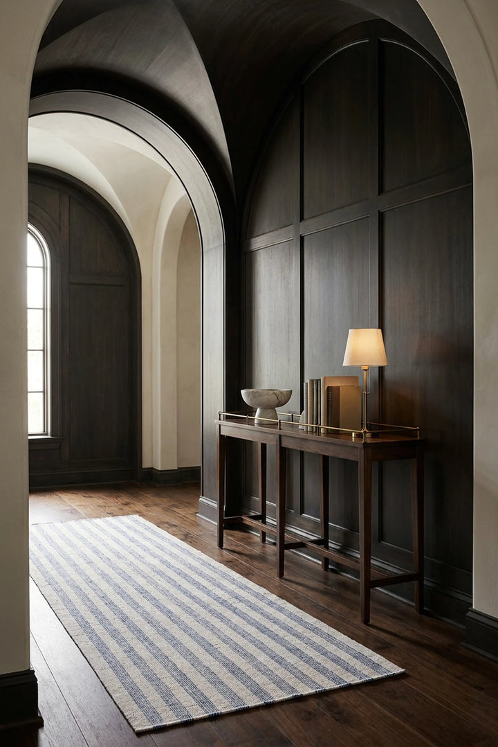 Blue Striped Flatweave runner rug in a hallway