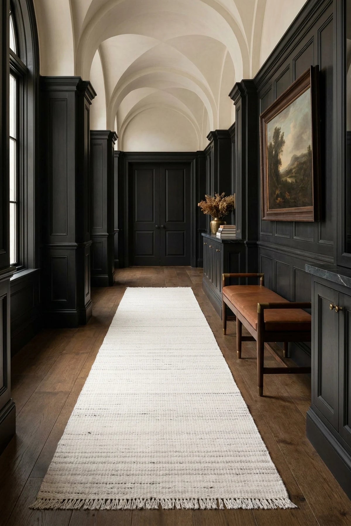 White Flatweave runner rug in a den