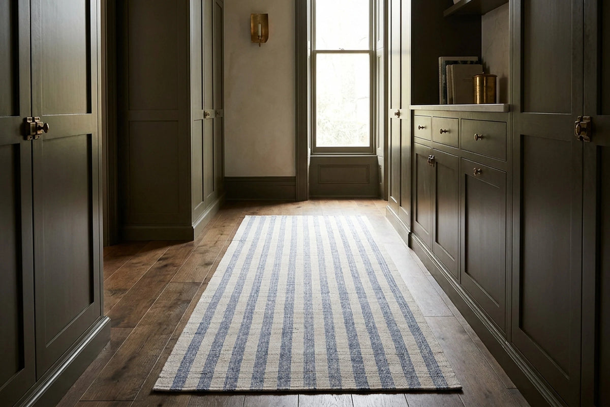 Blue Striped Flatweave runner rug in a hallway