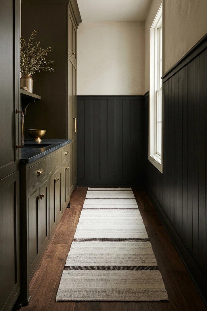 White Black Flatweave runner rug in a hallway
