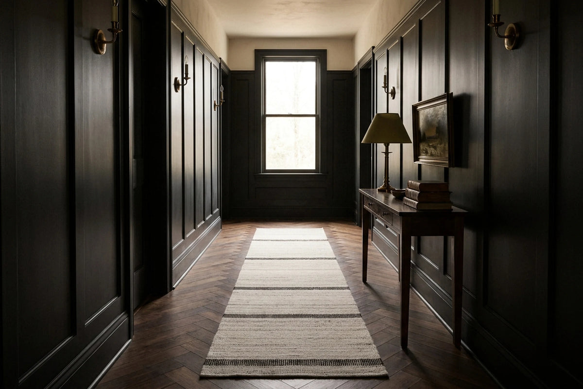 White Brown Flatweave runner rug in a hallway