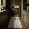 Blue Fringed Flatweave runner rug in a hallway