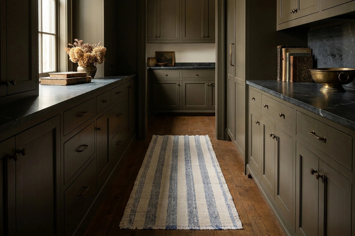 Blue Fringed Flatweave runner rug in a hallway