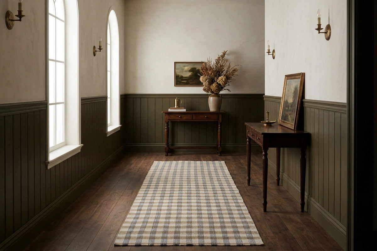 Blue Checkered Flatweave runner rug in a corridor