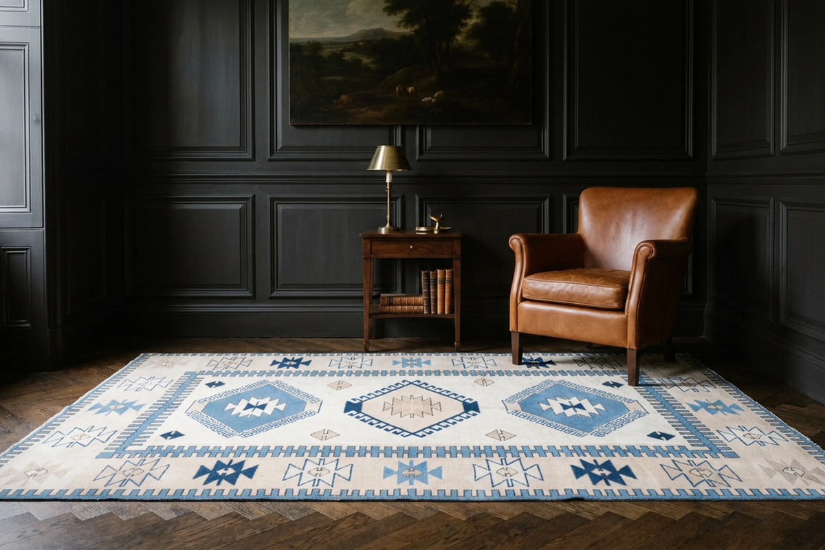 White Turkish rug in a styled room