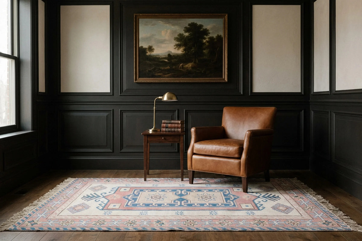 White Turkish rug in a styled room
