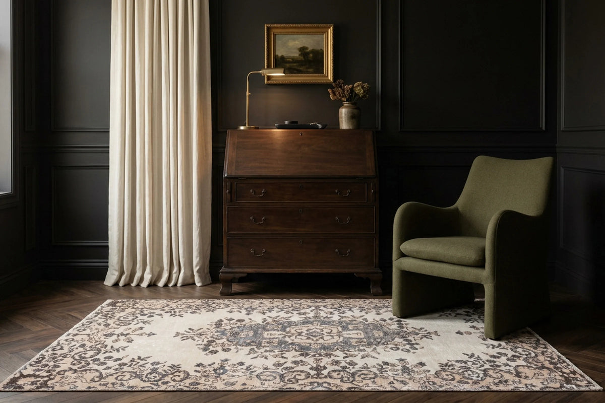 White Turkish rug in a styled room